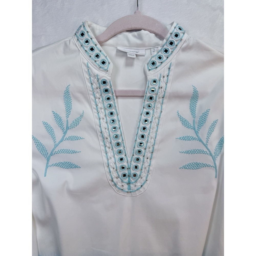Chico's Embroidered Stand Collar Kaftan A-line Dress White Blue Mirror Trim‎ Med